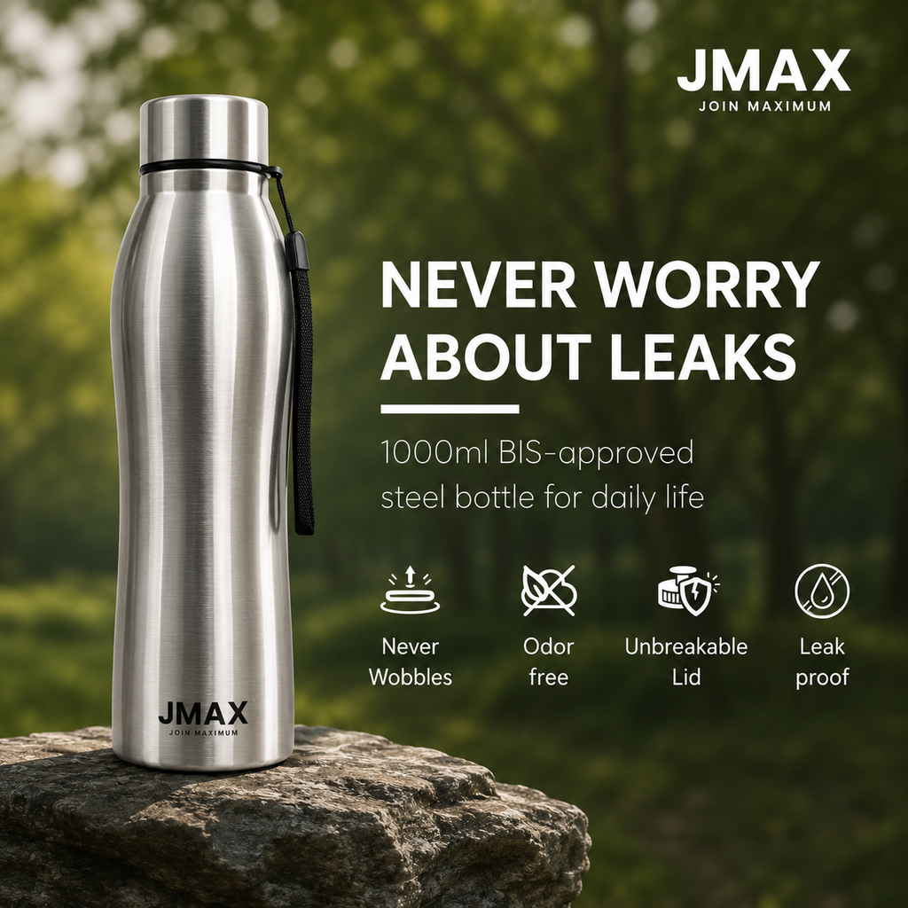 Jmax Stainless Steel Water Bottle | Single Wall Metal Bottle for Office School Gym Travel | BPA Free | Rust-Free, Leakproof & Lightweight | 1000 ml