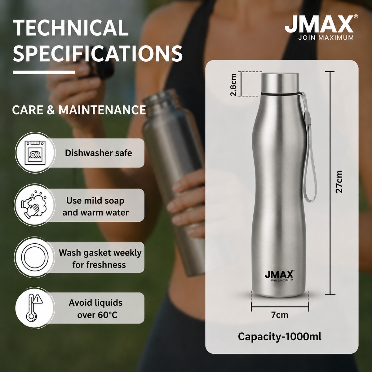 Jmax Stainless Steel Water Bottle | Single Wall Metal Bottle for Office School Gym Travel | BPA Free | Rust-Free, Leakproof & Lightweight | 1000 ml