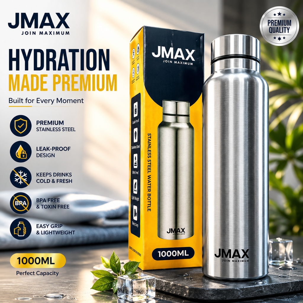 Jmax Stainless Steel Water Bottle | Single Wall Metal Bottle for Office School Gym Travel | BPA Free | Rust-Free, Leakproof & Lightweight | 1000 ml