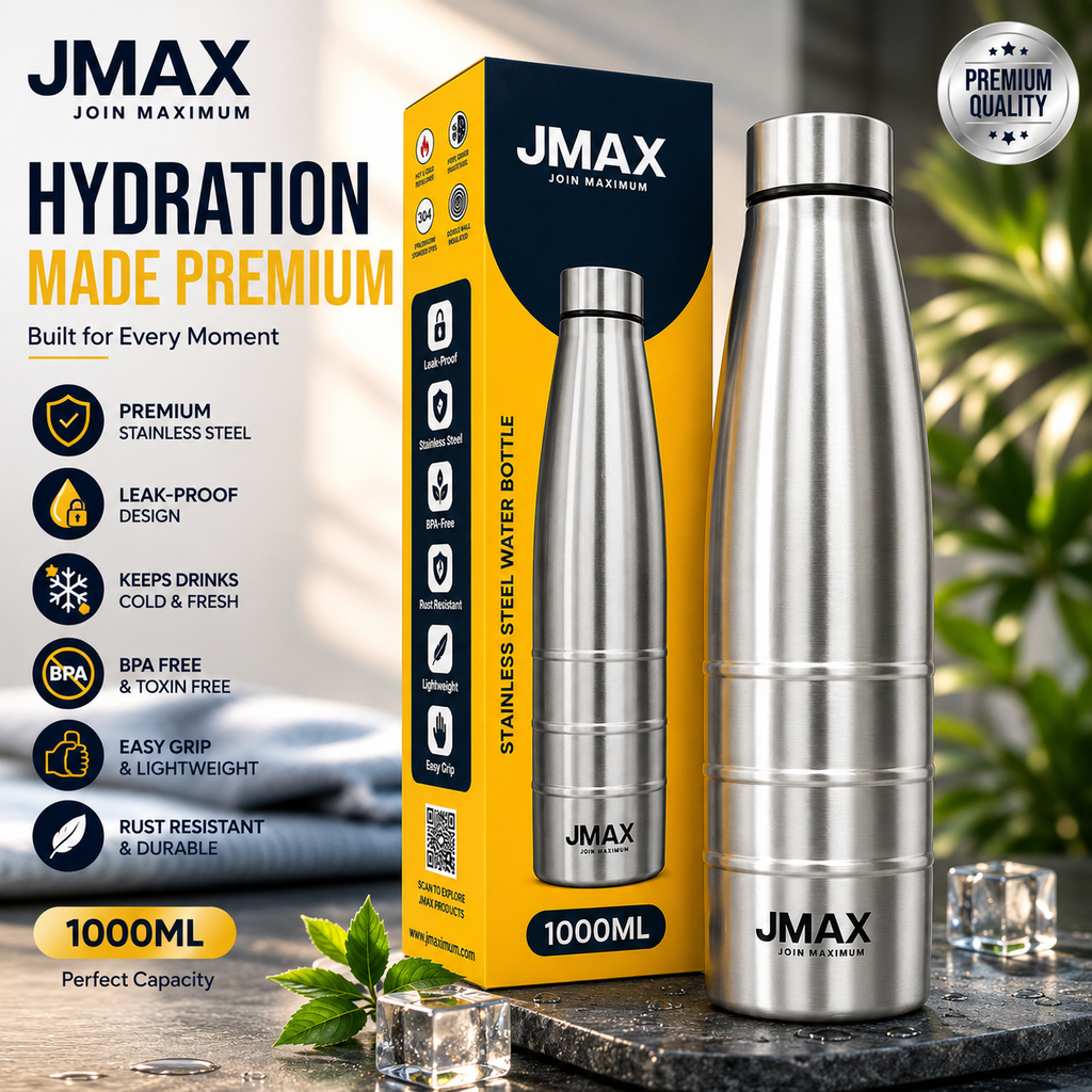 Jmax Stainless Steel Water Bottle | Single Wall Metal Bottle for Office School Gym Travel | BPA Free | Rust-Free, Leakproof & Lightweight | 1000 ml