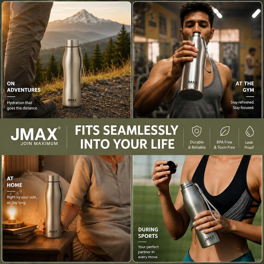 Jmax Stainless Steel Water Bottle | Single Wall Metal Bottle for Office School Gym Travel | BPA Free | Rust-Free, Leakproof & Lightweight | 1000 ml
