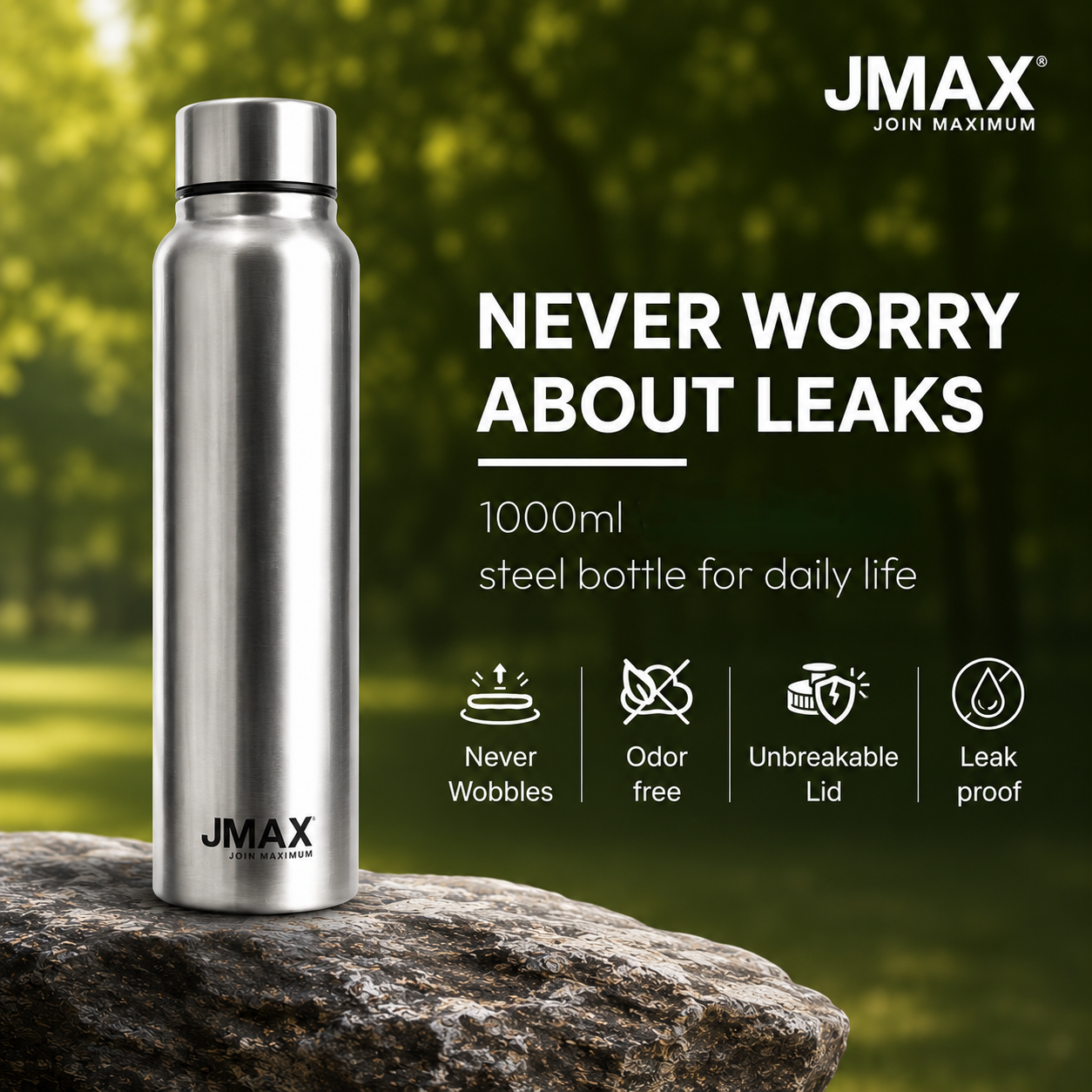 Jmax Stainless Steel Water Bottle | Single Wall Metal Bottle for Office School Gym Travel | BPA Free | Rust-Free, Leakproof & Lightweight | 1000 ml