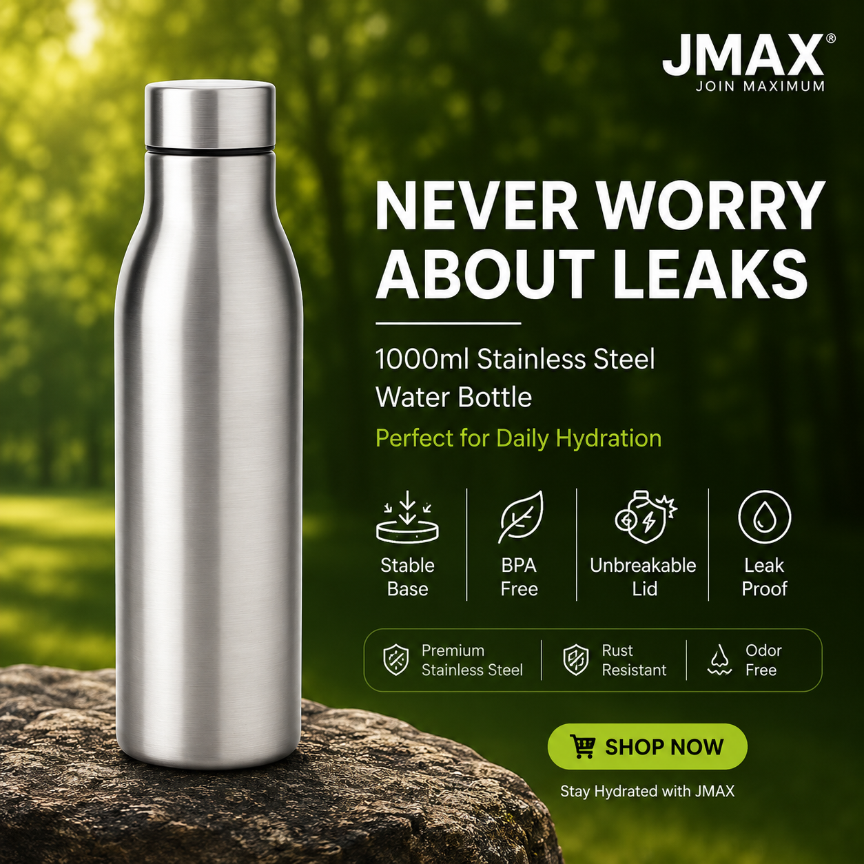 Jmax Stainless Steel Water Bottle | Single Wall Metal Bottle for Office School Gym Travel | BPA Free | Rust-Free, Leakproof & Lightweight | 1000 ml