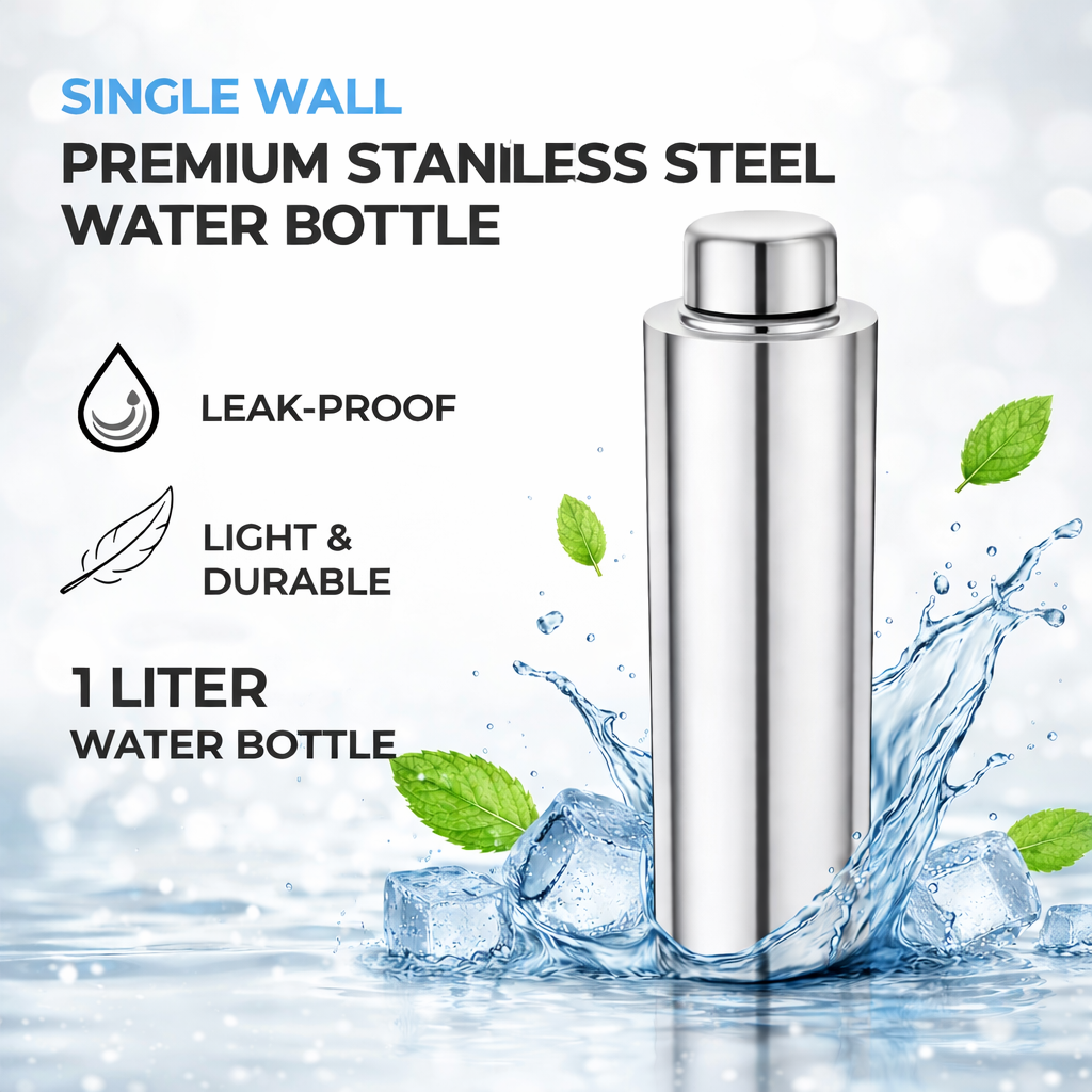 Jmax Stainless Steel Water Bottle | Single Wall Metal Bottle for Office School Gym Travel | BPA Free | Rust-Free, Leakproof & Lightweight | 1000 ml