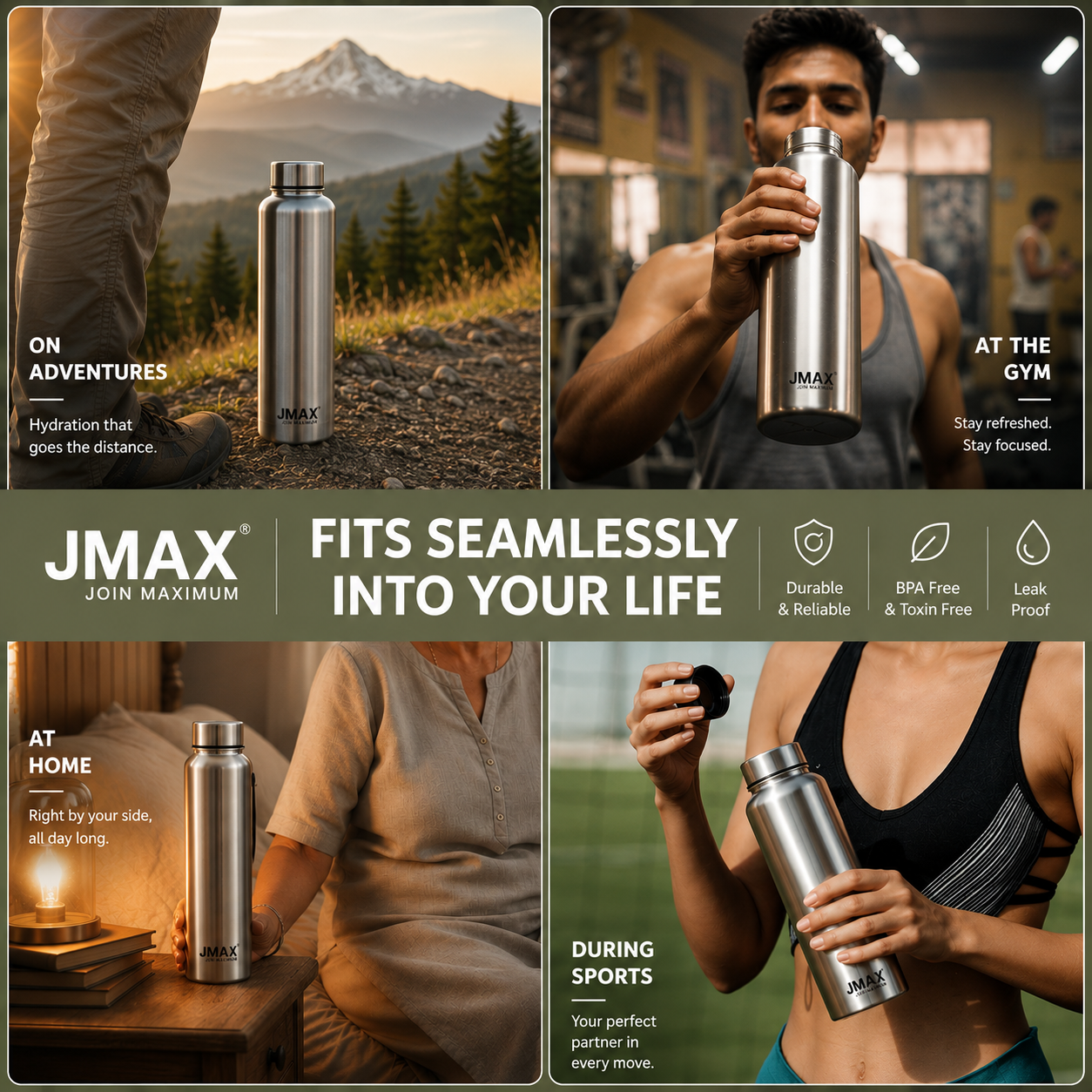 Jmax Stainless Steel Water Bottle | Single Wall Metal Bottle for Office School Gym Travel | BPA Free | Rust-Free, Leakproof & Lightweight | 1000 ml