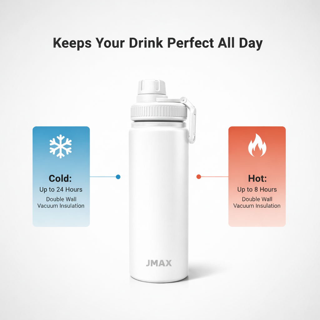 Jmax Double Wall Insulated Stainless Steel Water Bottle – Leakproof/BPA-Free/Vacuum Insulated Flask for Hot & Cold Drink Portable Sports Bottle (1200 Milliliters)