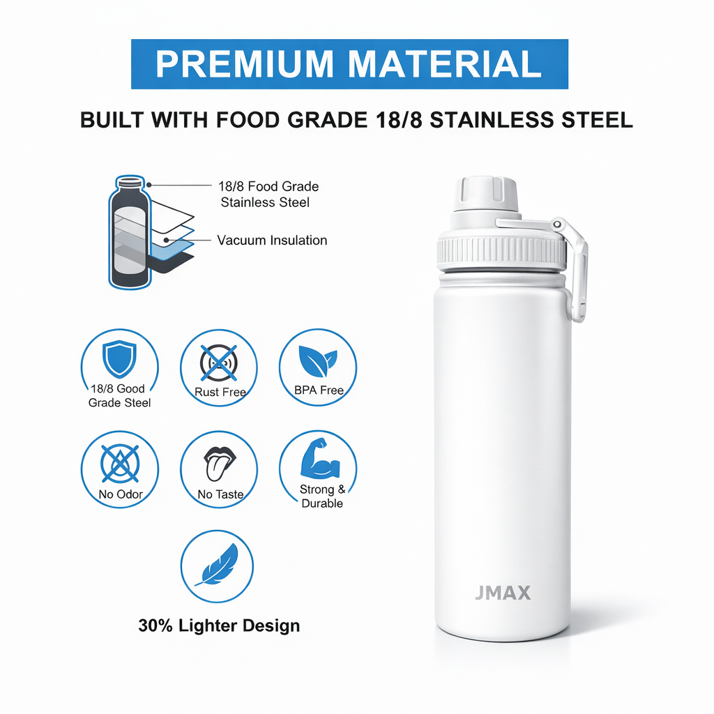 Jmax Double Wall Insulated Stainless Steel Water Bottle – Leakproof/BPA-Free/Vacuum Insulated Flask for Hot & Cold Drink Portable Sports Bottle (1200 Milliliters)