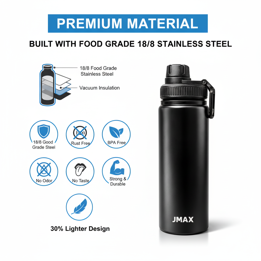 Jmax Double Wall Insulated Stainless Steel Water Bottle – Leakproof/BPA-Free/Vacuum Insulated Flask for Hot & Cold Drink Portable Sports Bottle (1200 Milliliters)